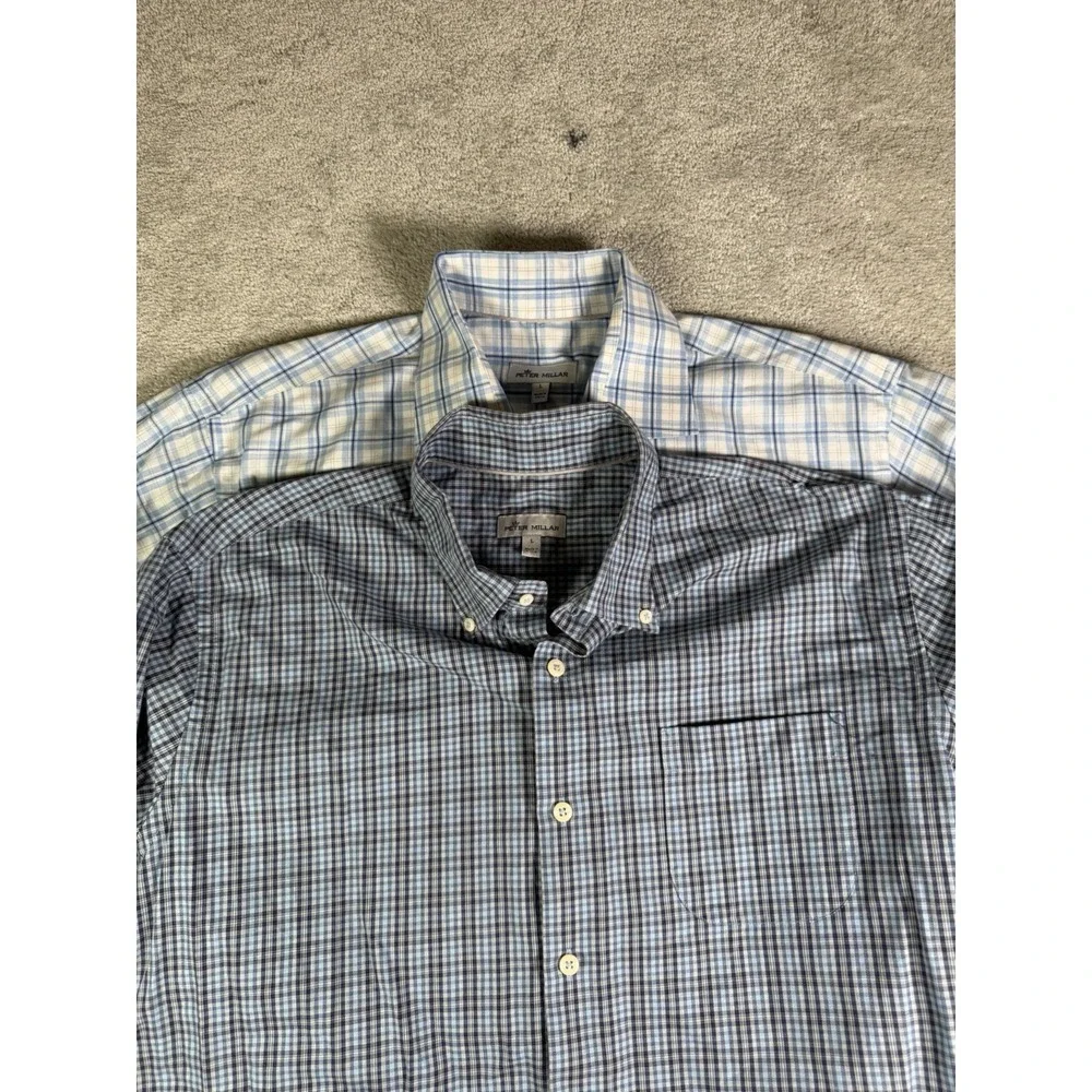 Peter Millar Mens Large Blue Plaid Long Sleeve Button Shirt Business Lot Of 2